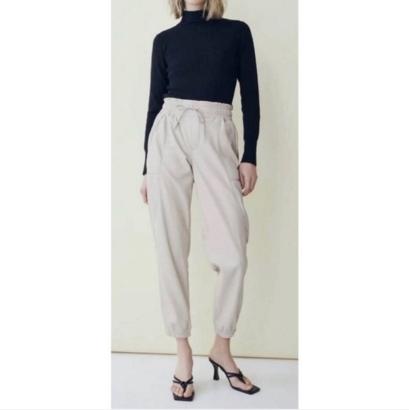 MELISSA NEPTON Kaja Faux Leather Jogger in Beige Size Medium - Picture 1 of 8